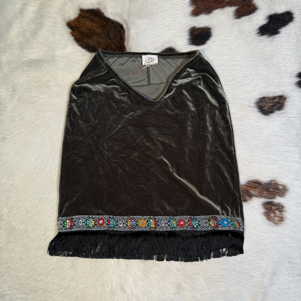 Vintage olive velvet skirt fringe embroidered trim western boho midi made in USA